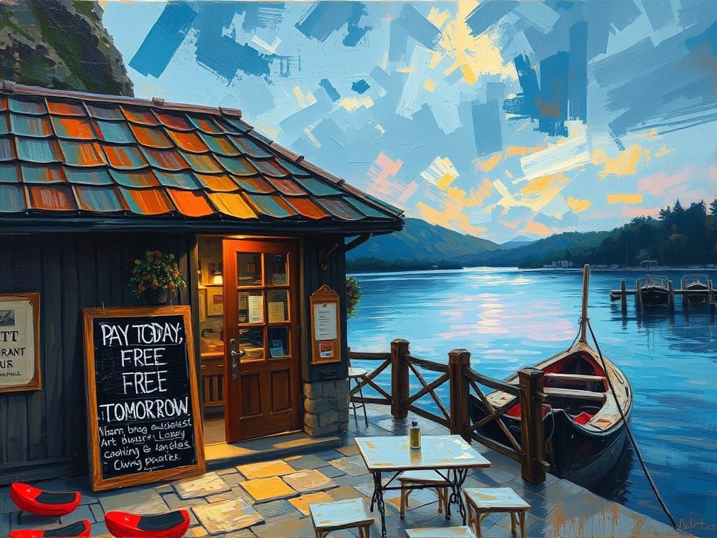 Wet on Dry Oil Painting of Whimsical Restaurant by the Lake