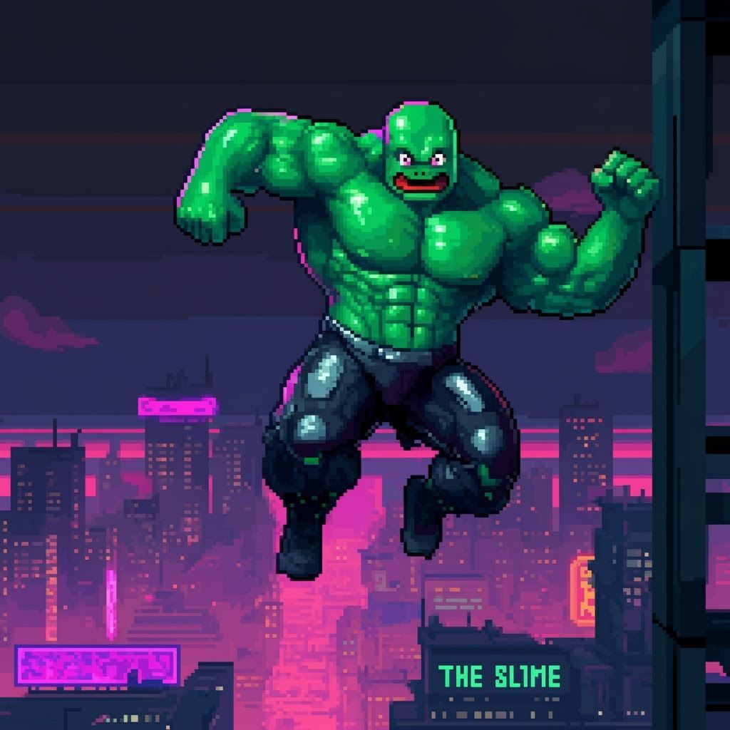 Green Slime Monster Leaps in Cyberpunk Pixel Art