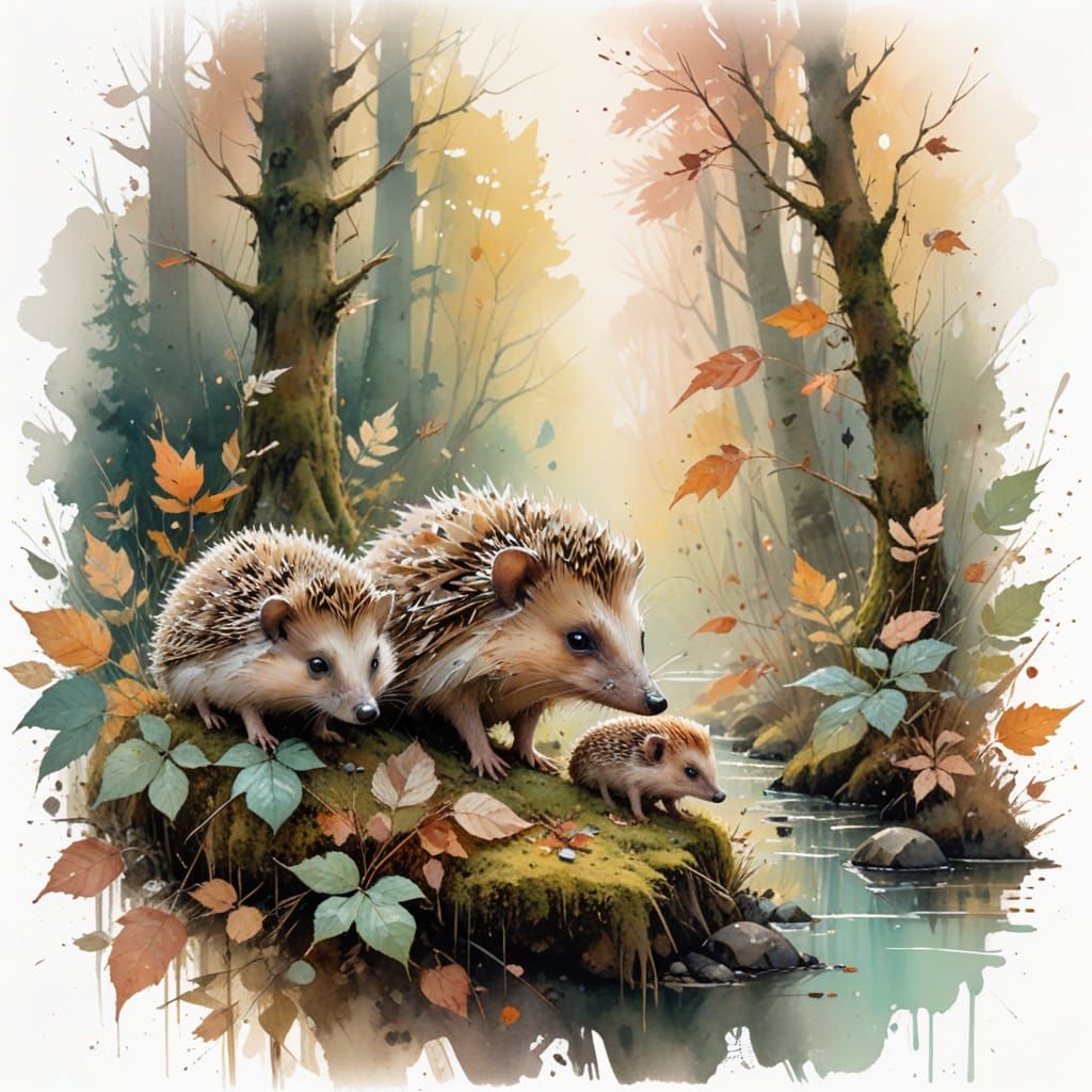 Pastel Hedgehog Family in Autumn Forest Glade
