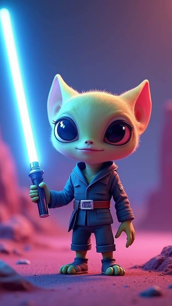Cute Alien Wields Blue Lightsaber in Sci-Fi Landscape