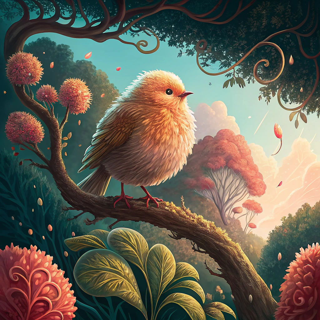 Fluffy Bird on Branch in Whimsical Style