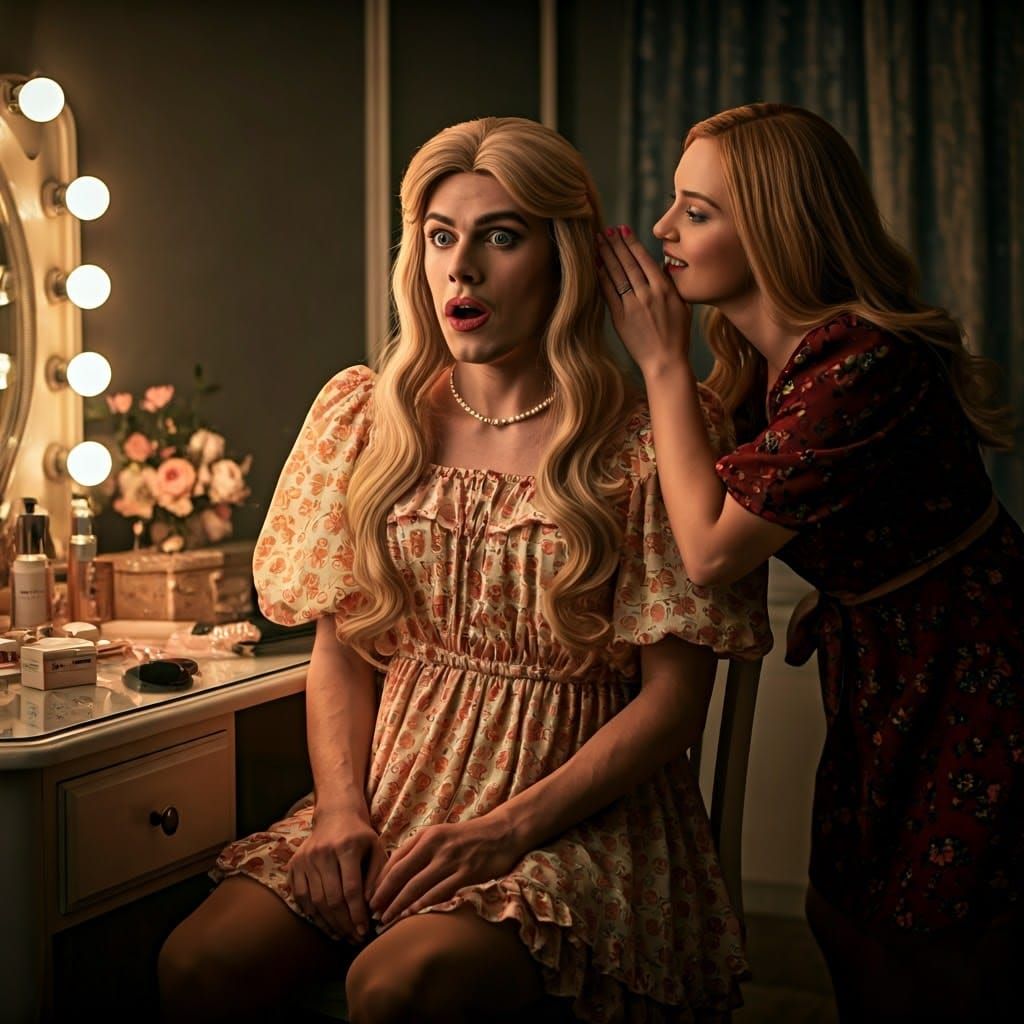 Surprised Man in Frilly Dress at Vanity