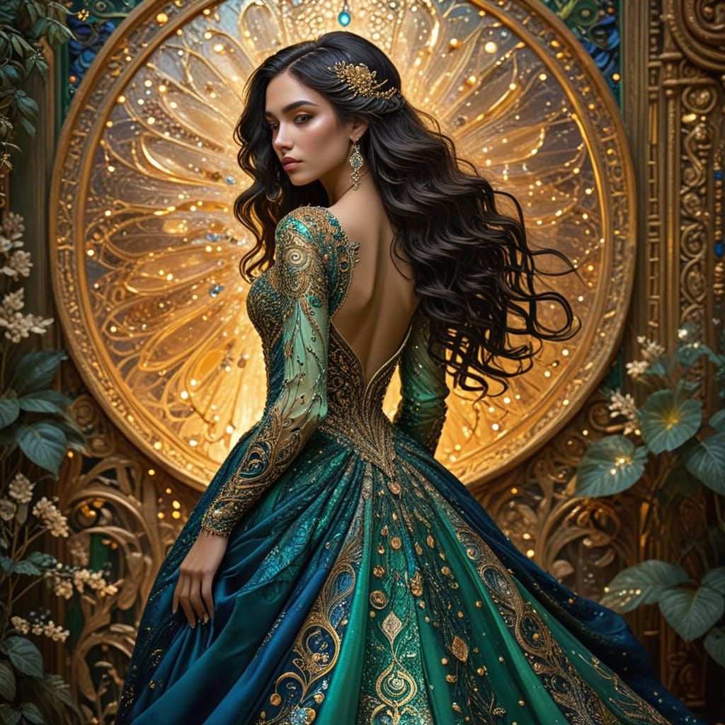 Gustav Klimt-Inspired Portrait of a Woman in Opulent Ombre G...