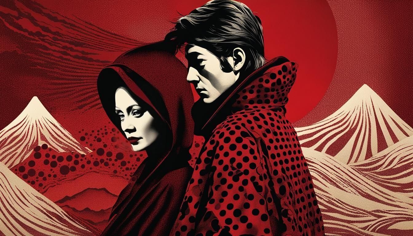 Noblewoman and Samurai Embrace in Surreal Japanese Art