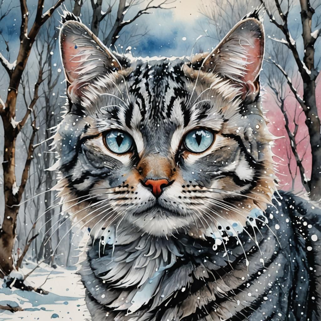 Grey Tabby Cat in Winter Wonderland Watercolor