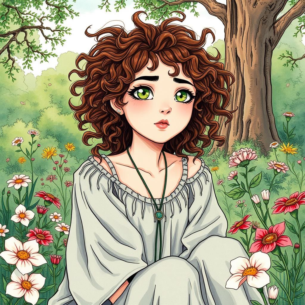 Woman in Garden Contemplates Life, Expressive Art Style