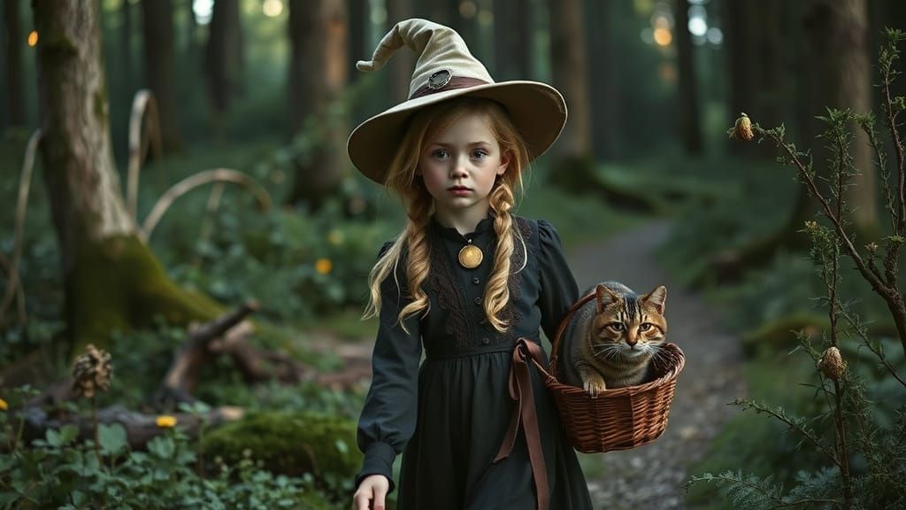 Girl with Cat Gathers Herbs in Gothic Forest