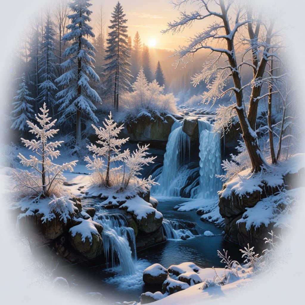 Serene Winter Sunset Over Snow-Blanketed Forest