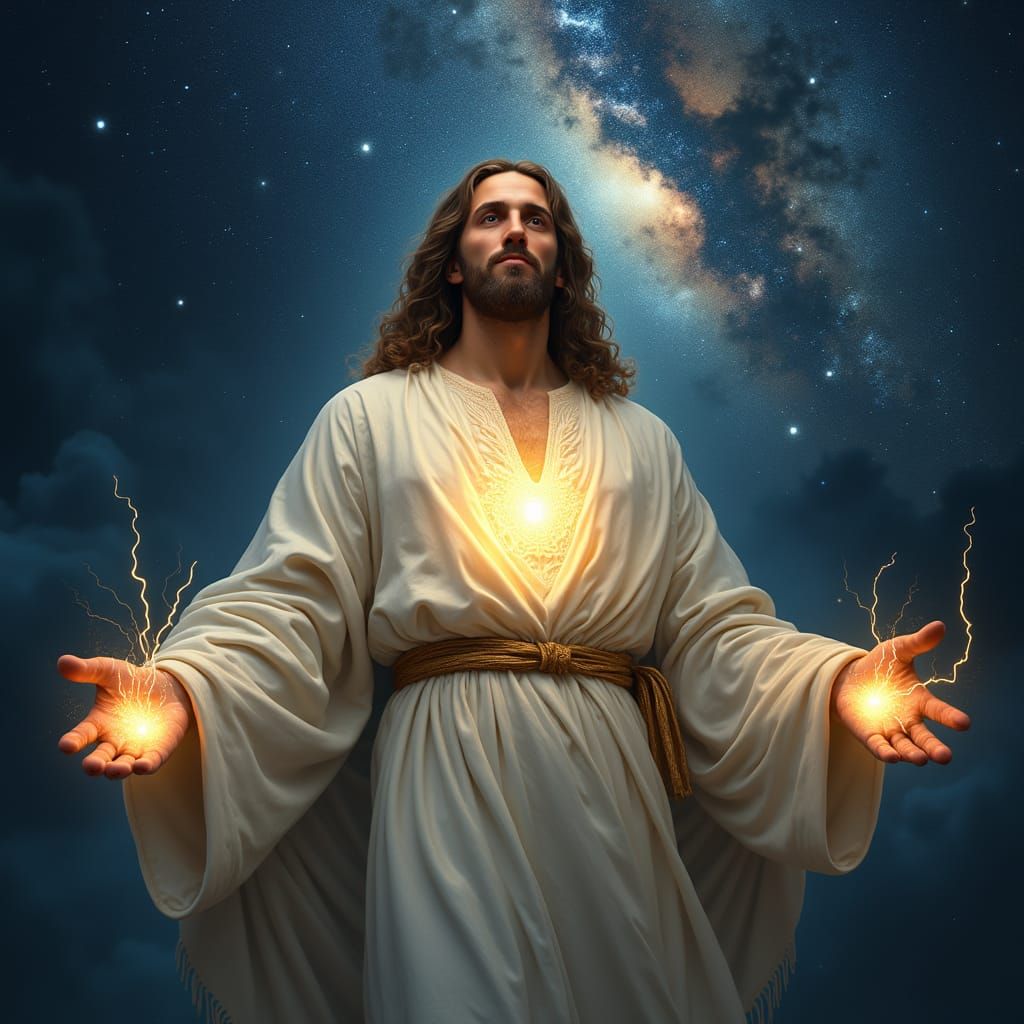Cosmic Jesus in Radiant White Robes with Starlight Aura