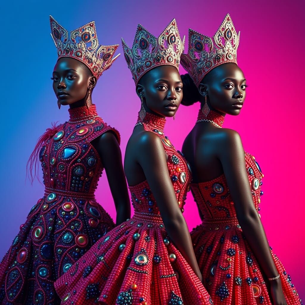 Regal Models in Vibrant African Bead Gowns in a Futuristic A...