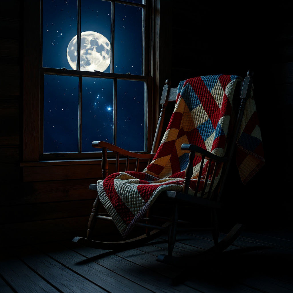 Moonlit Rocking Chair with Quilt in Farmhouse Window