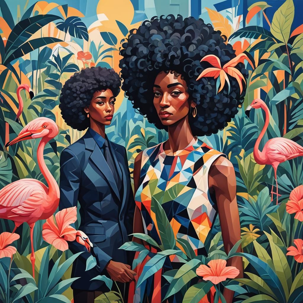 Cubist Painting of a Black Couple in Neo-Cubism Style