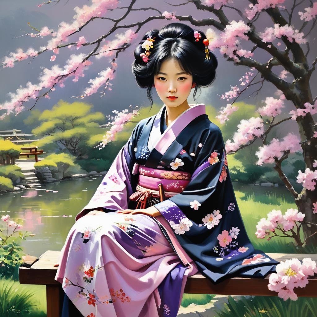 Asian Woman in Japanese Garden: Oil Painting