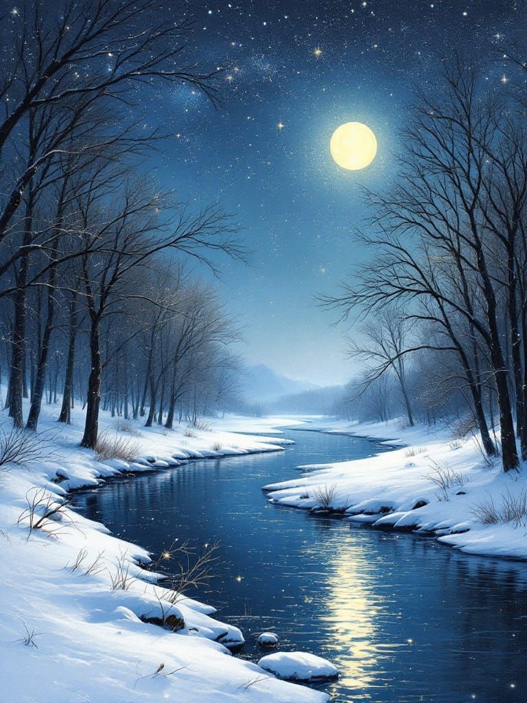 Winter River Reflects Starry Sky: Atmospheric Landscape