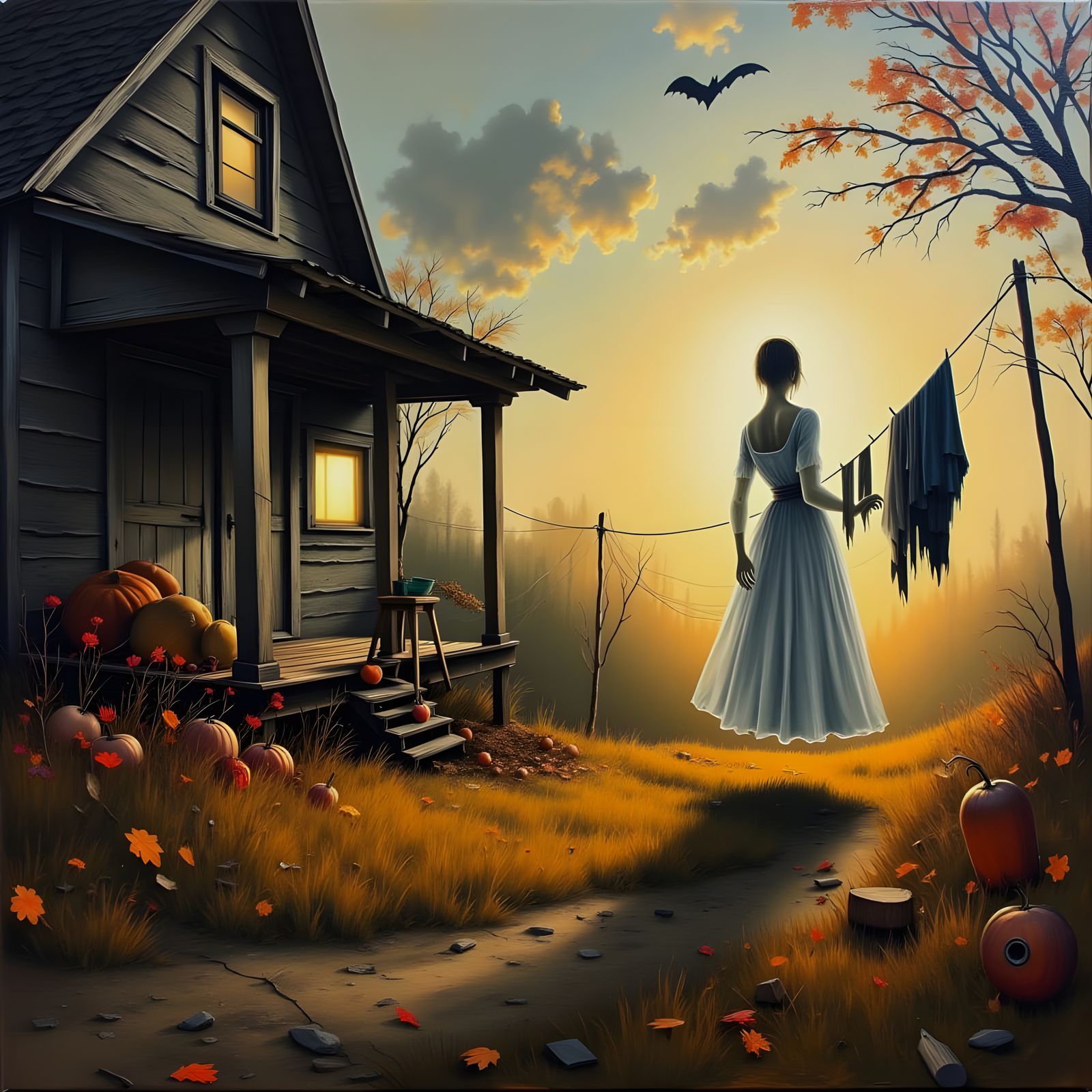 Earthy Impasto Ghost Hangs Laundry at Farmhouse