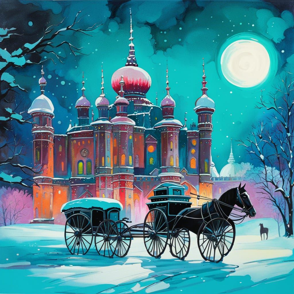 Elegant Horse Carriage in Snow, Alcohol Ink Style