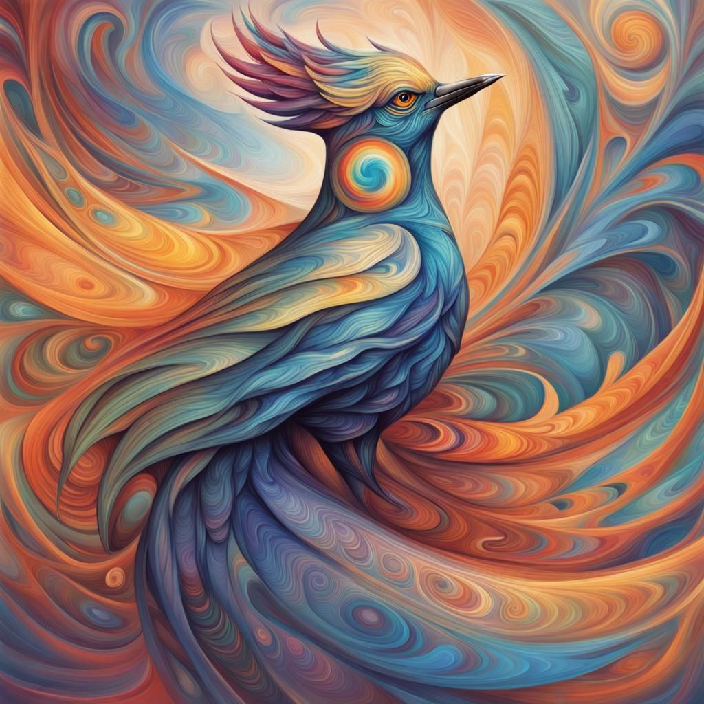 Fabulous Bird Emerges from Abstract Swirls: Lifelike Detail