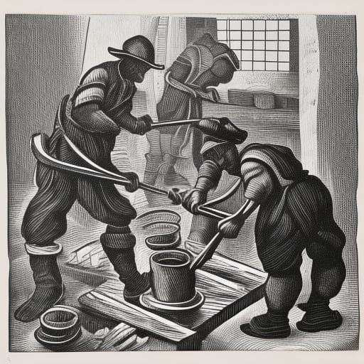 Checkered Workers Forging Wheel in Linocut Style