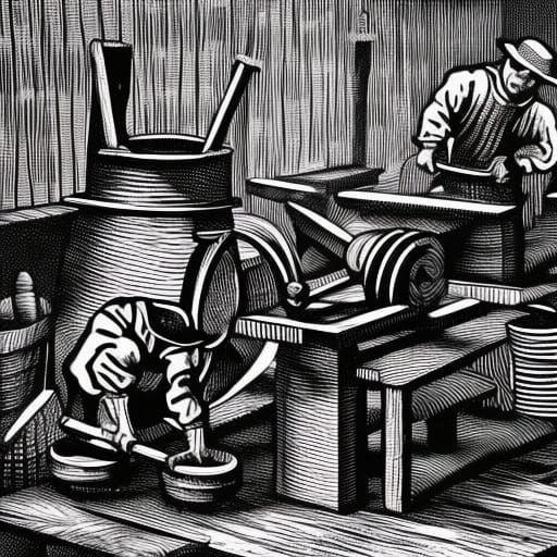 Checkered Workers Forging Wheel: Linocut Charcoal Drawing