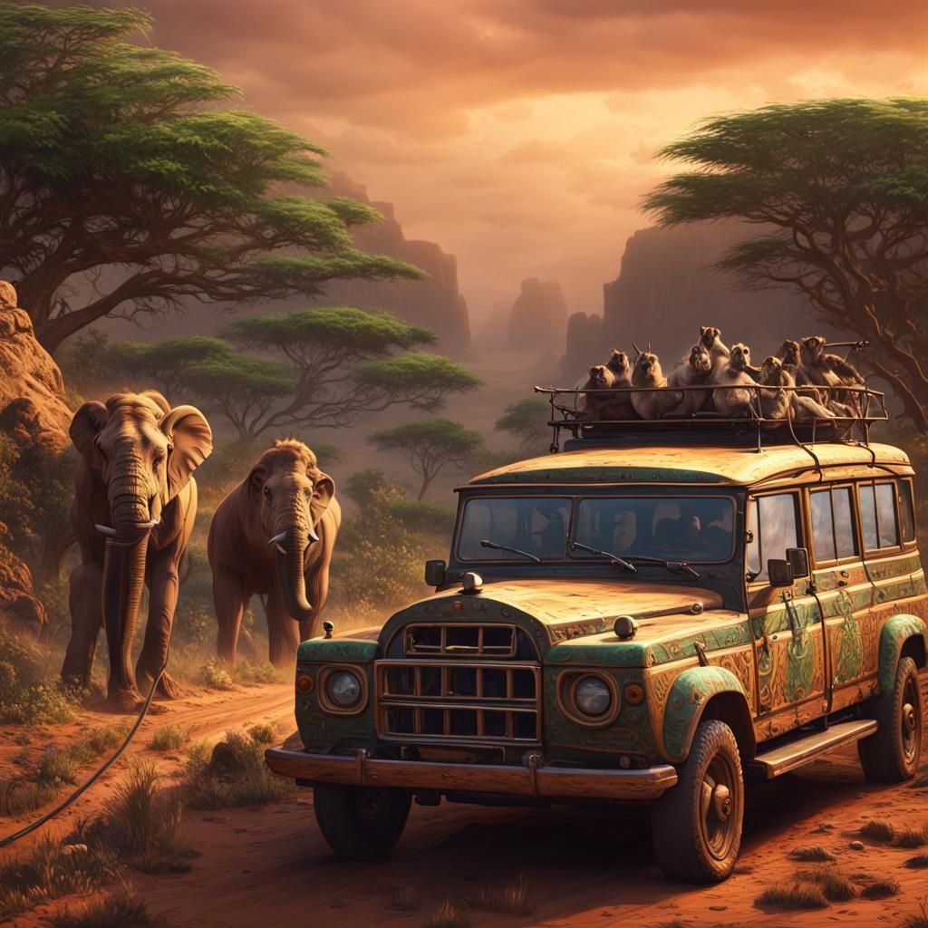 African Safari Car in Detailed Matte Painting Style