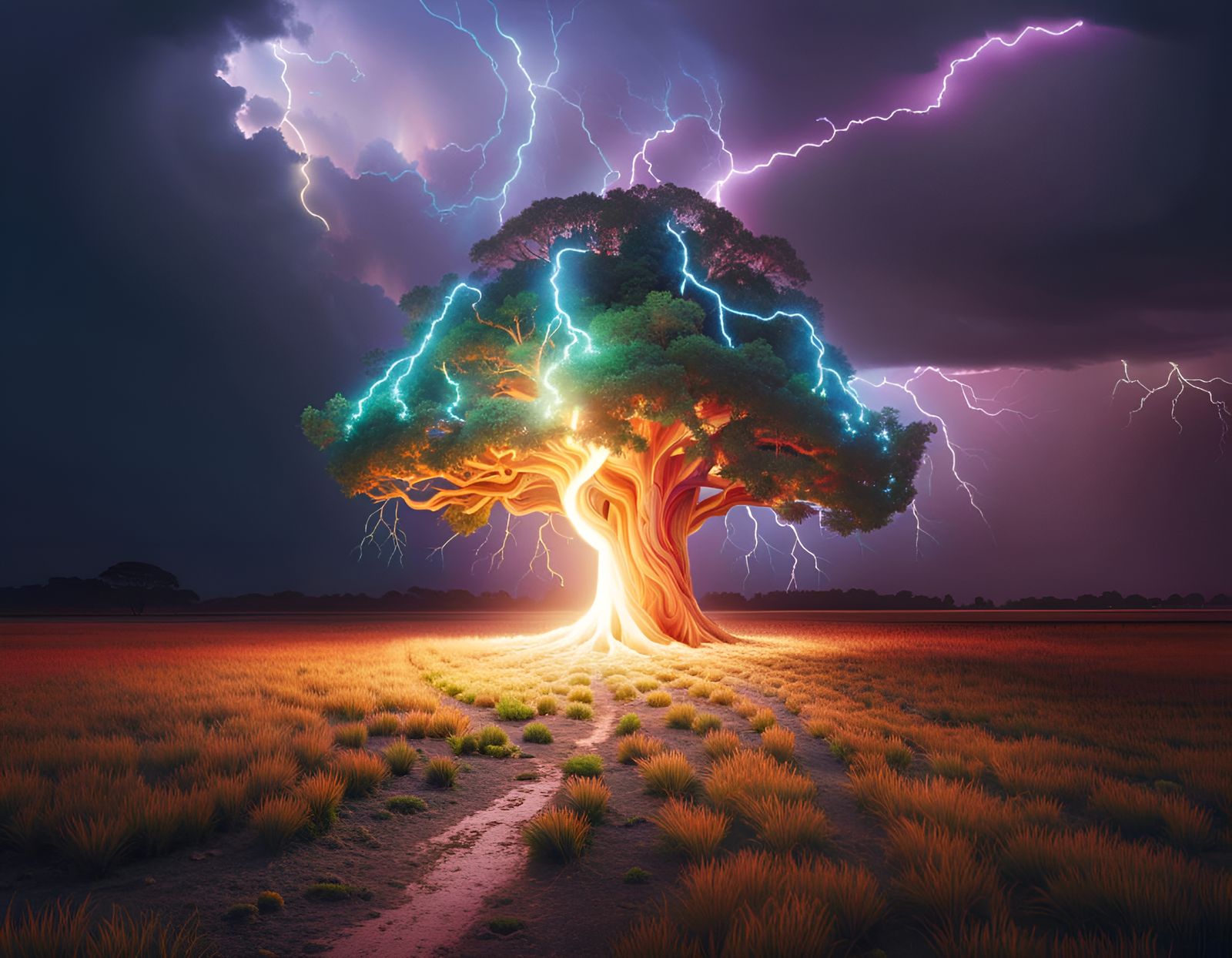 Lightning Strikes Tree in Psychedelic Style