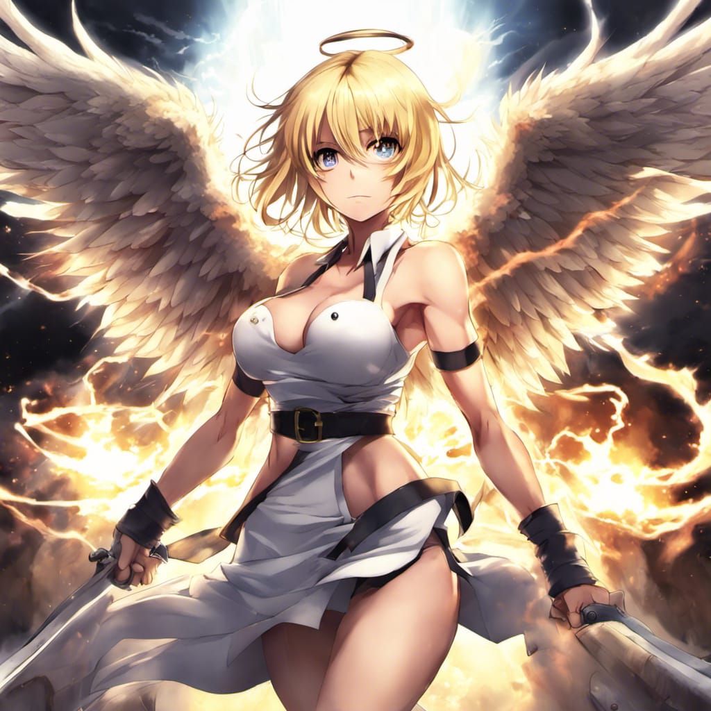 Anime Angel Fighting Demons in Dynamic Scene