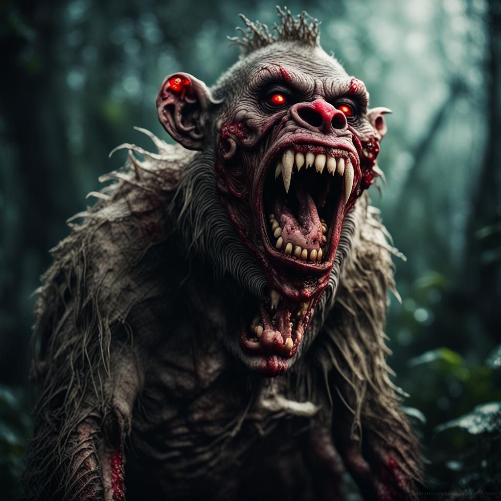 Grotesque Zombie Monkey-Boar in Macabre Horror Style