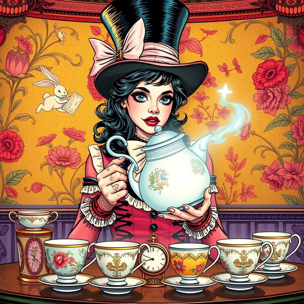 Cyberpunk Mad Hatter Serves Tea in a Futuristic Victorian Se...