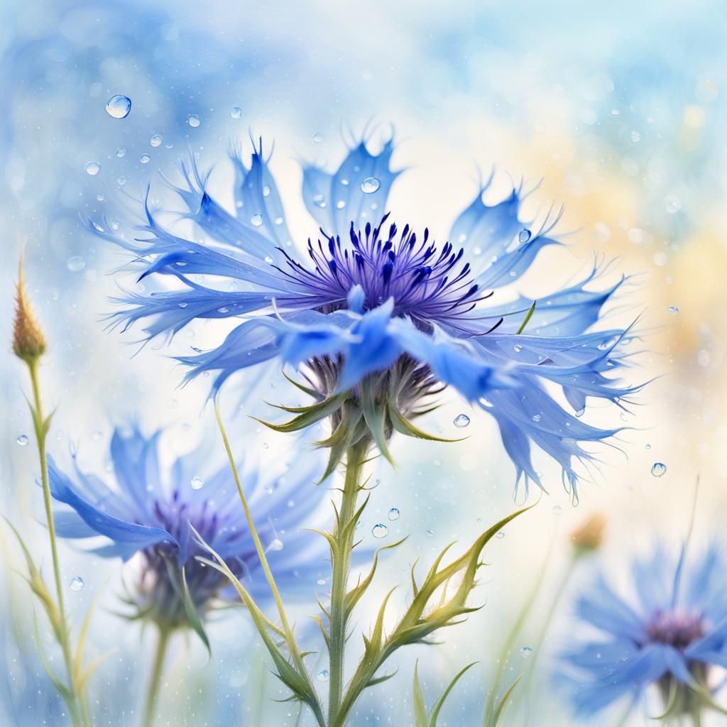 Delicate Cornflower in Impressionist Style with Pastel Color...