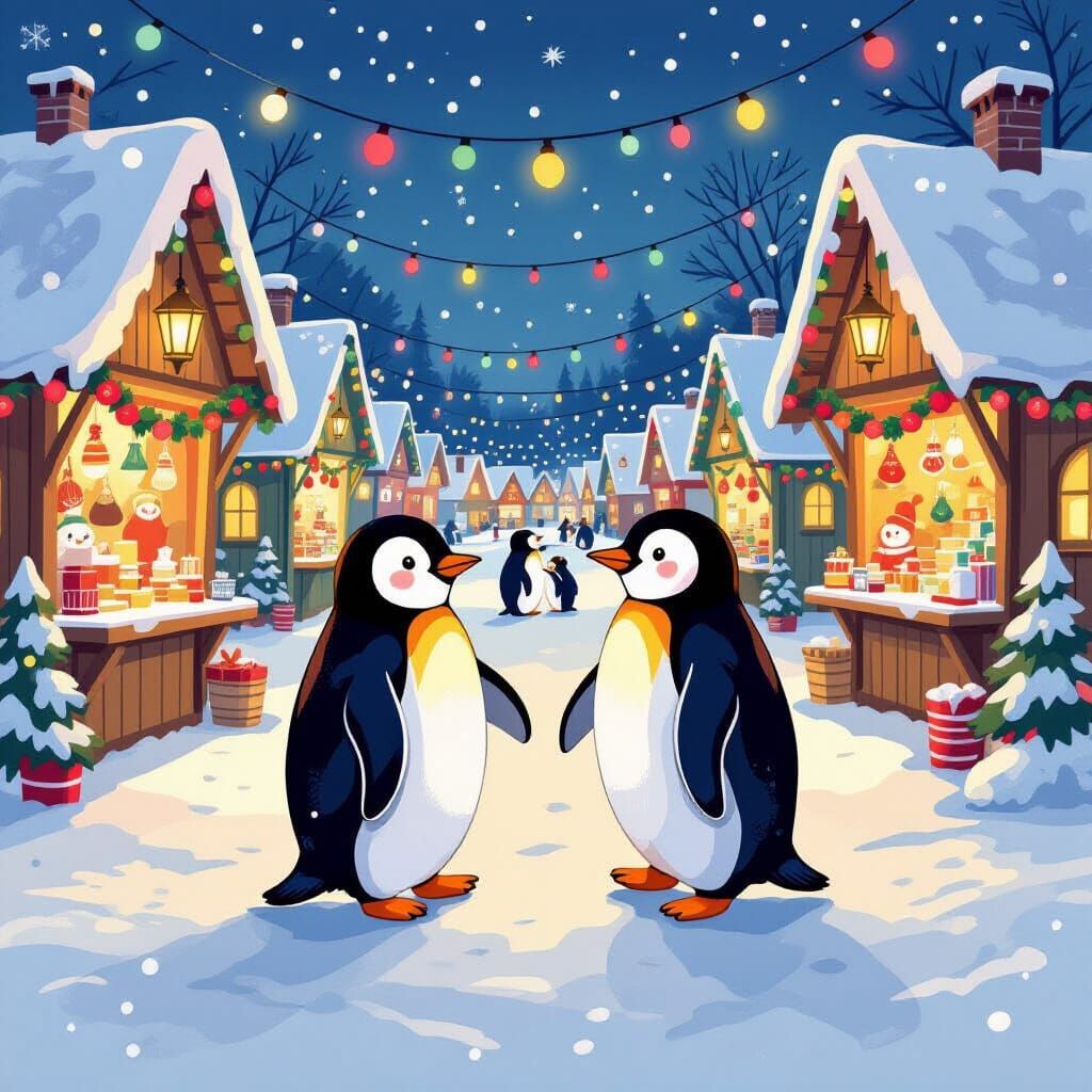 Penguins Enjoying a Snowy Arctic Christmas Market