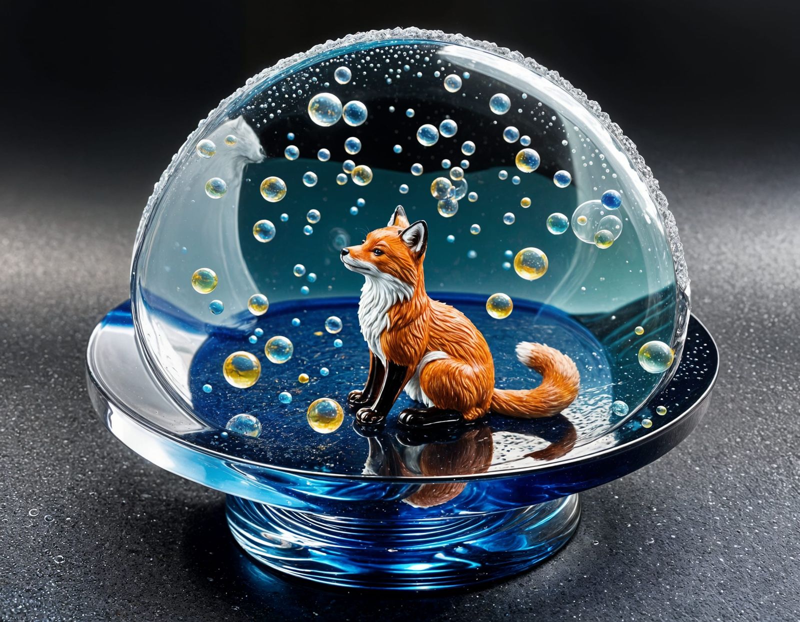 Photorealistic Fox Figurine in Bubbles