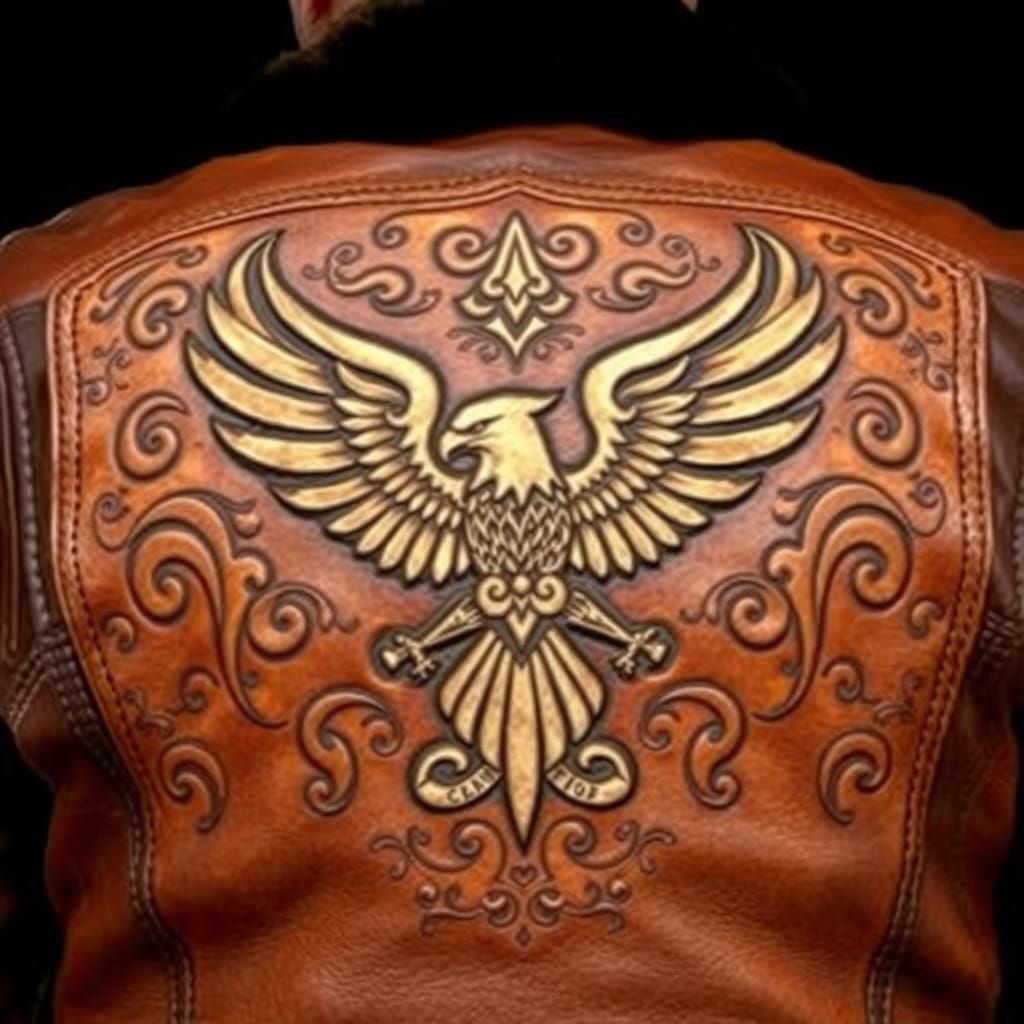 Etched Leather Eagle Patch on Motorcycle Jacket