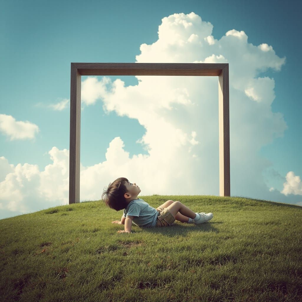 Child Gazing at Sky Through Floating Window