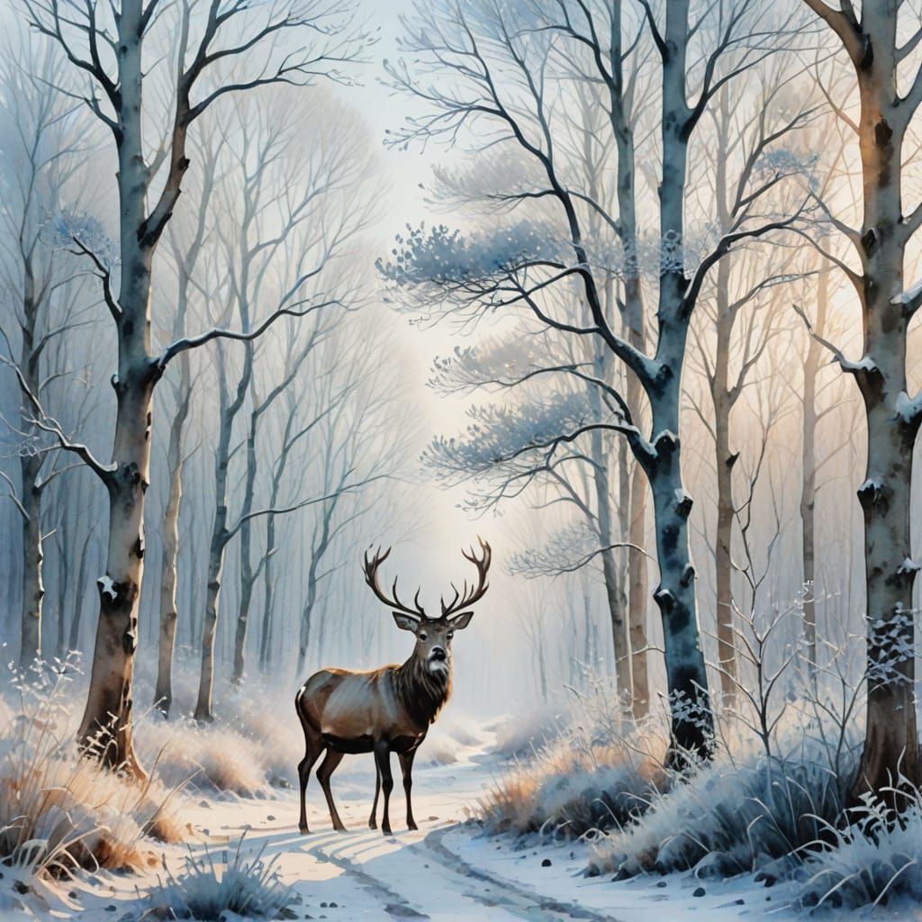 Majestic Stag in a Serene Winter Woodland under a Pale Blue ...