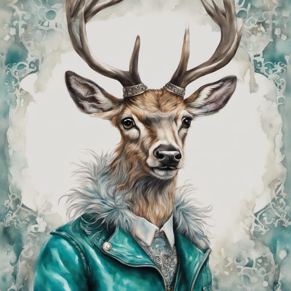 Anthropomorphic Stag in Teal Leather Jacket Portrait