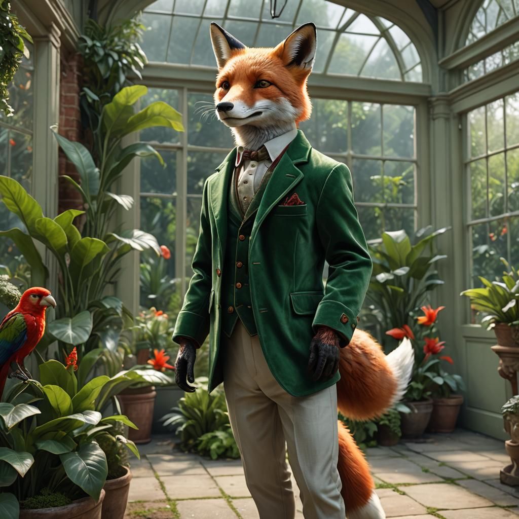 Fox in Conservatory: Hyperrealistic Beatrix Potter Style