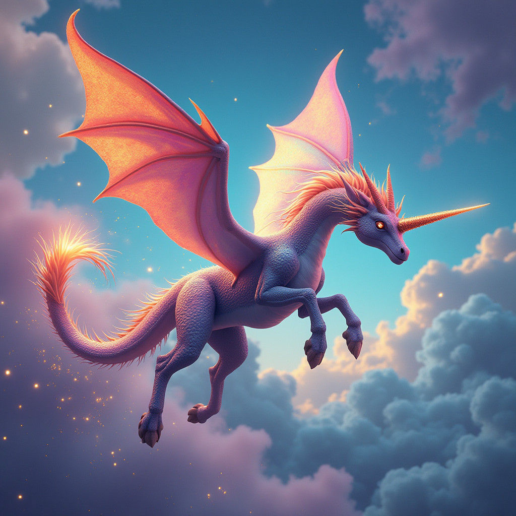 Dragon Unicorn Soaring Through Vibrant Sky