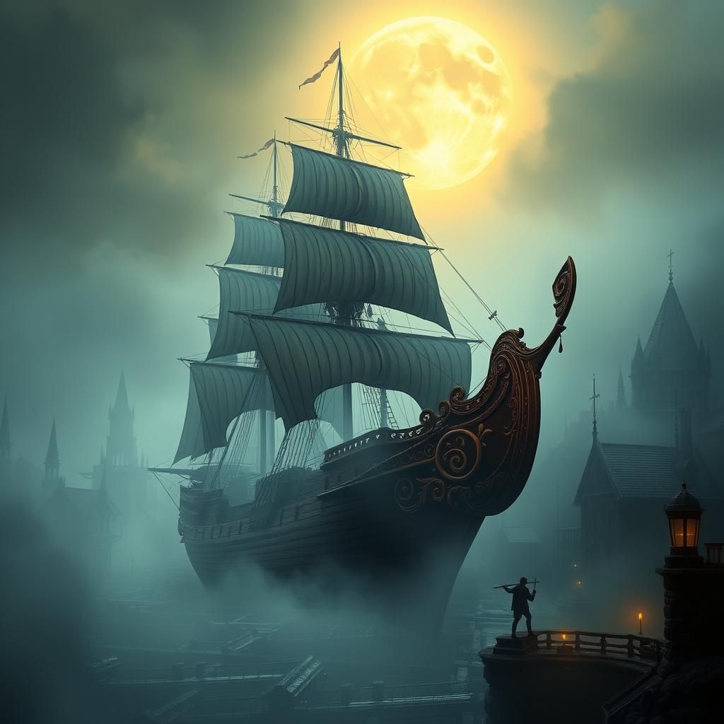 Mystical Sailing Ship Docks in Fantasy Port