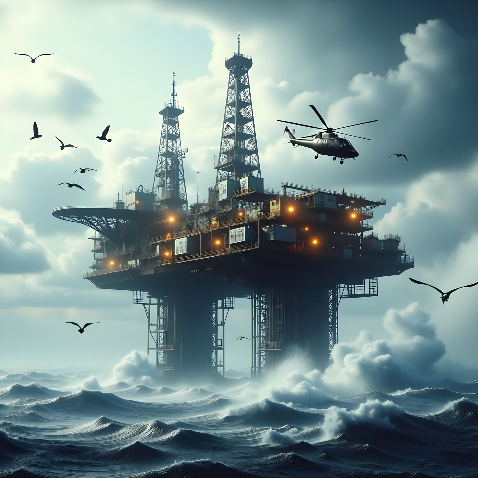 Oil platform in stormy weather