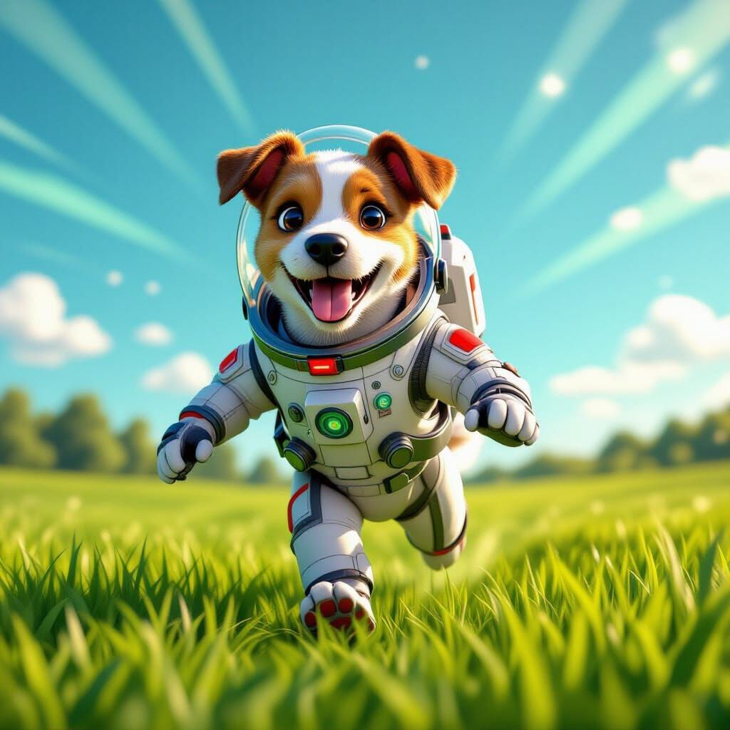 Playful Jack Russell in Space Suit Runs Through Field