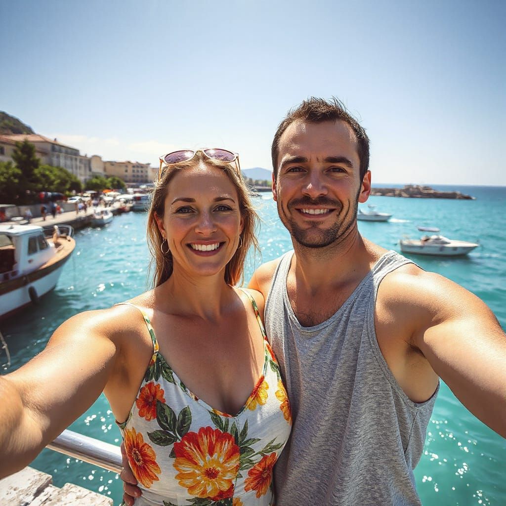 Couple Selfie by the Sea in Modernist Style