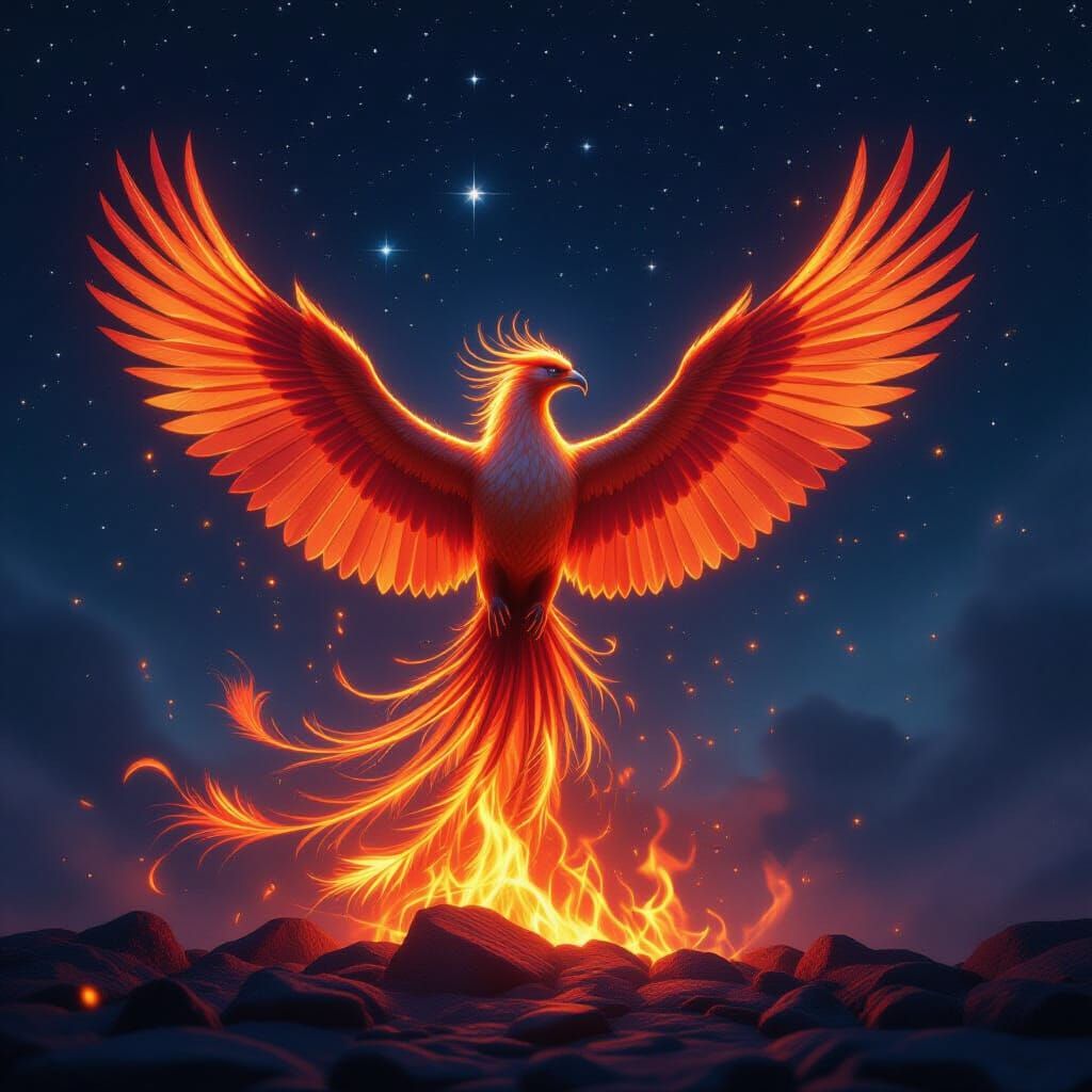 Majestic Phoenix Rises From Embers Under Starry Night