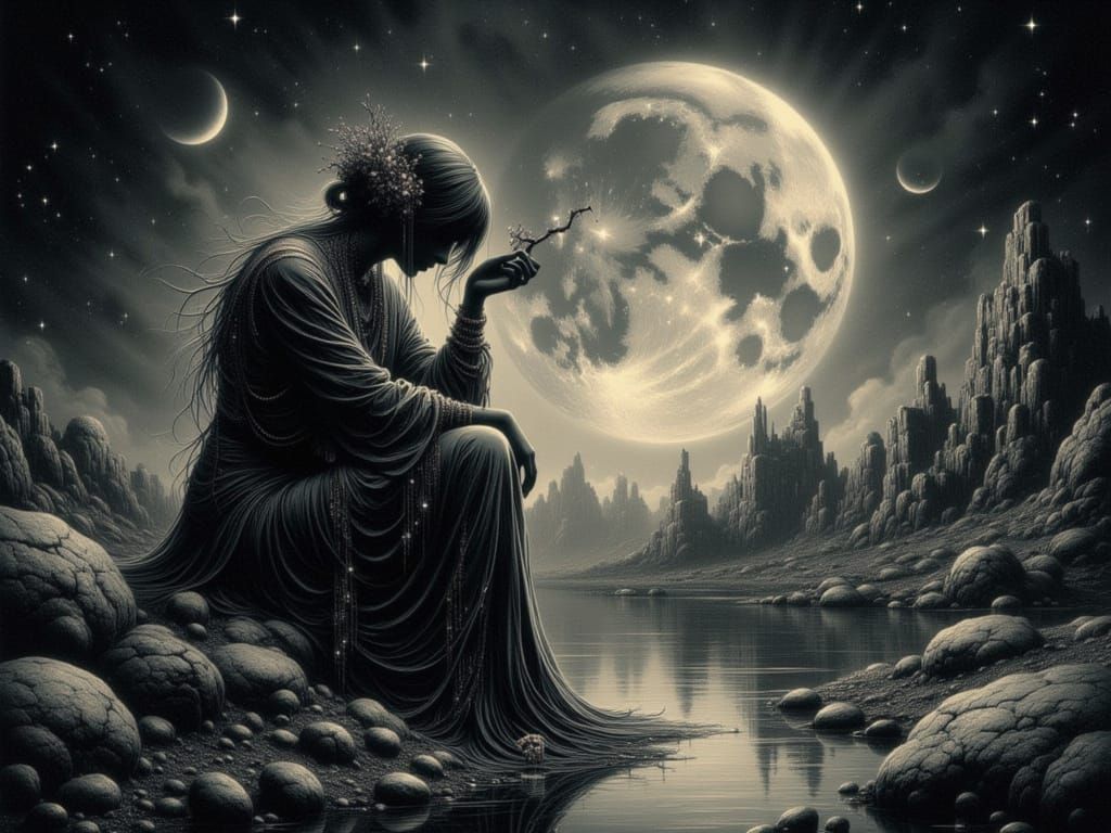 Melancholy Moonscape with Silhouettes and Fire