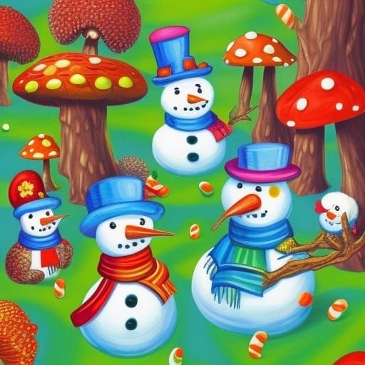 Snowman and Mushroom in Gouache Candyland 3D Render