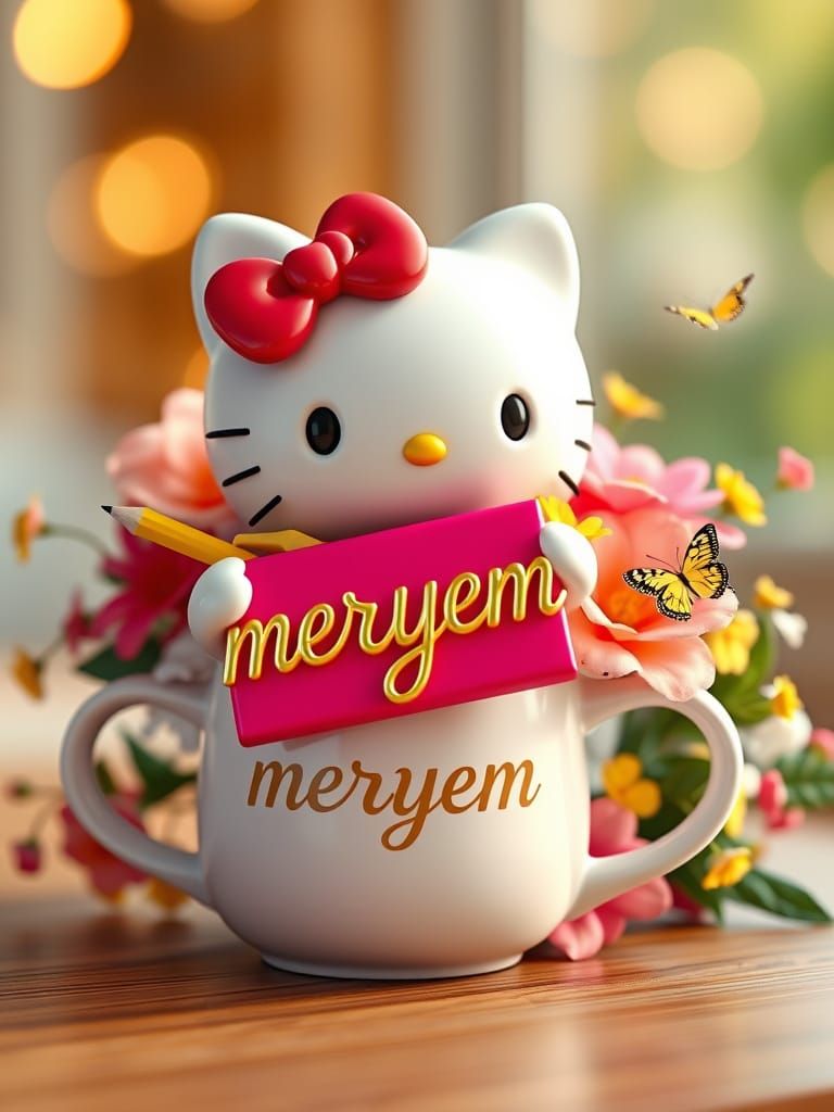 Whimsical 3D Coffee Mug Scene with Hello Kitty