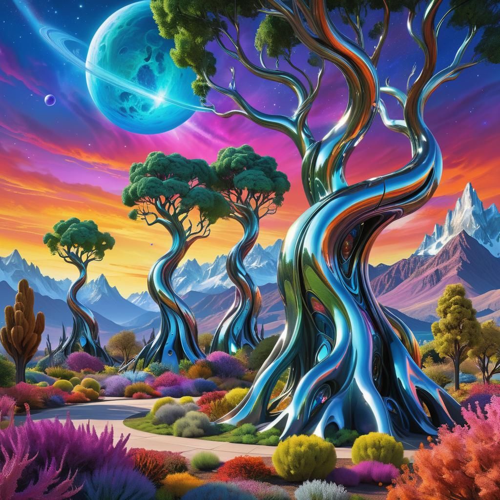 Vibrant Alien Garden in Holographic Style