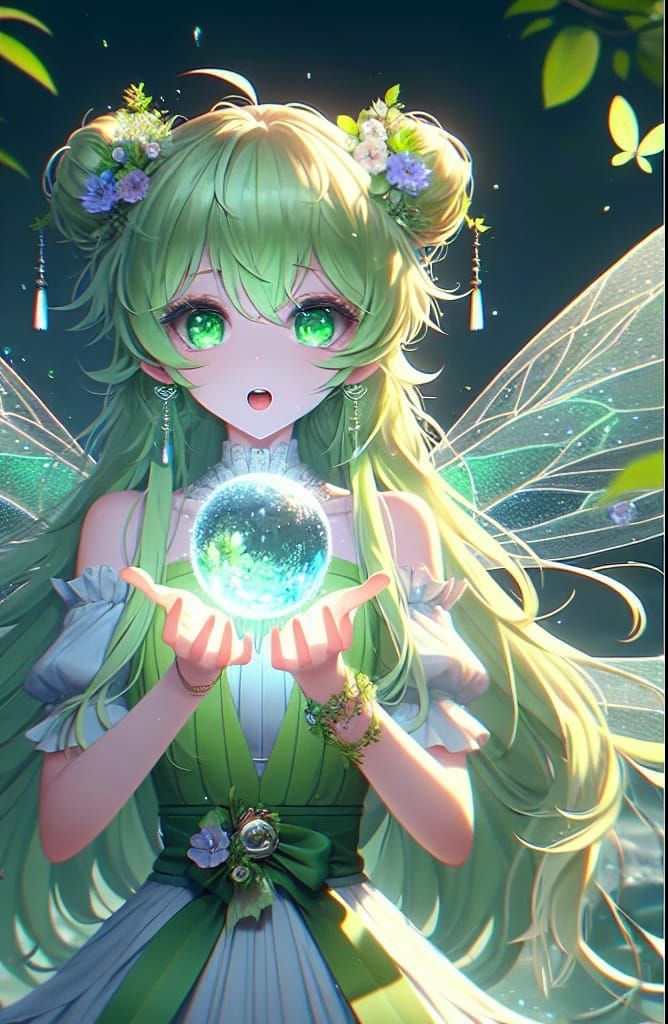 Anime Fairy Conjuring Water Orb with Emerald Scarab