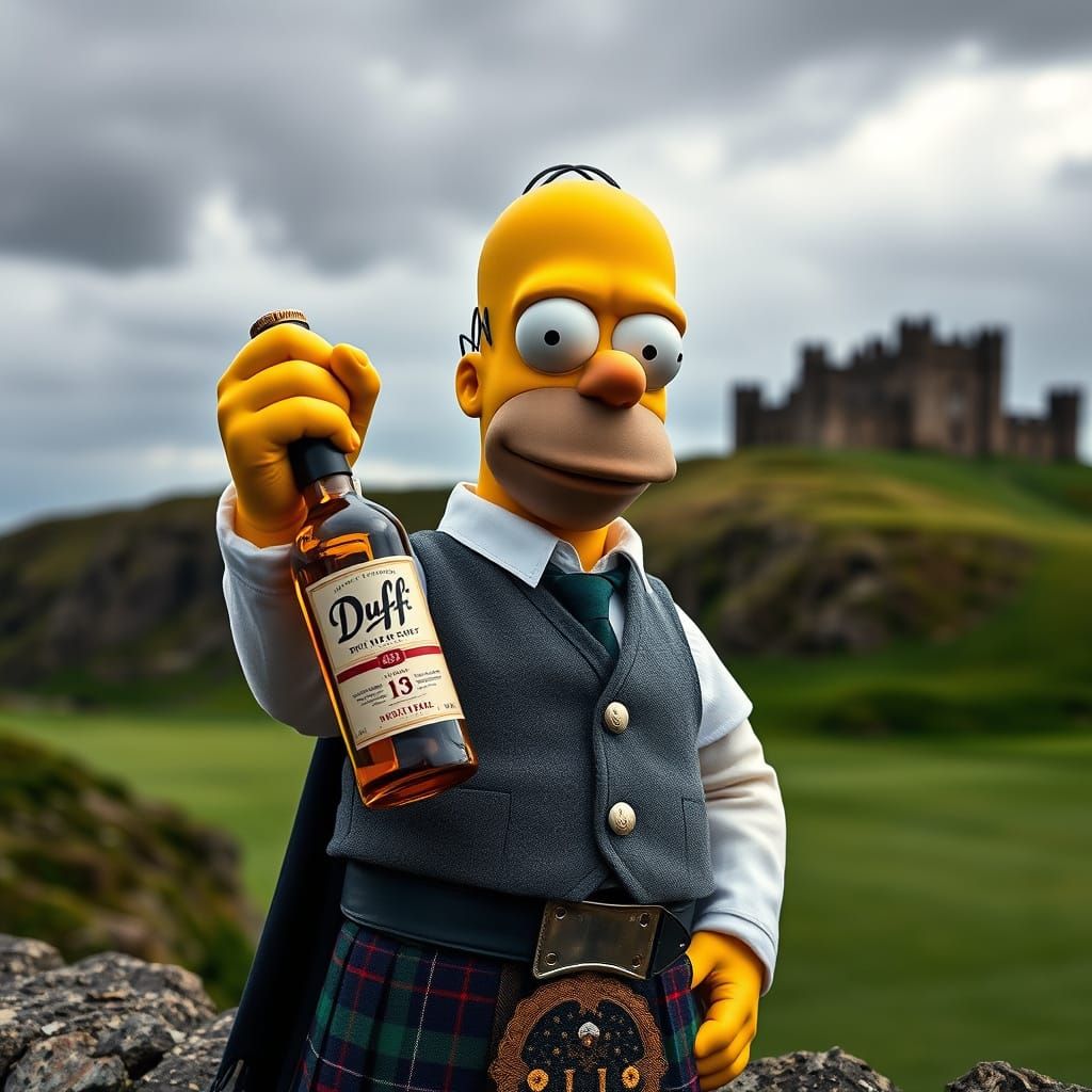 Homer Simpson in Tartan Kilt, Duff Whisky, and Scottish Land...