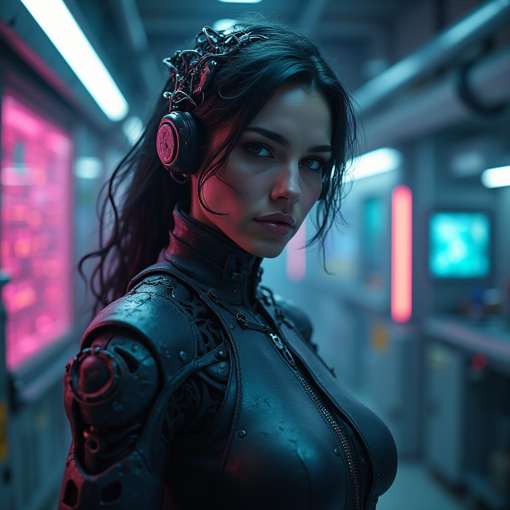 Cyborg Woman in Futuristic Cyberpunk Laboratory
