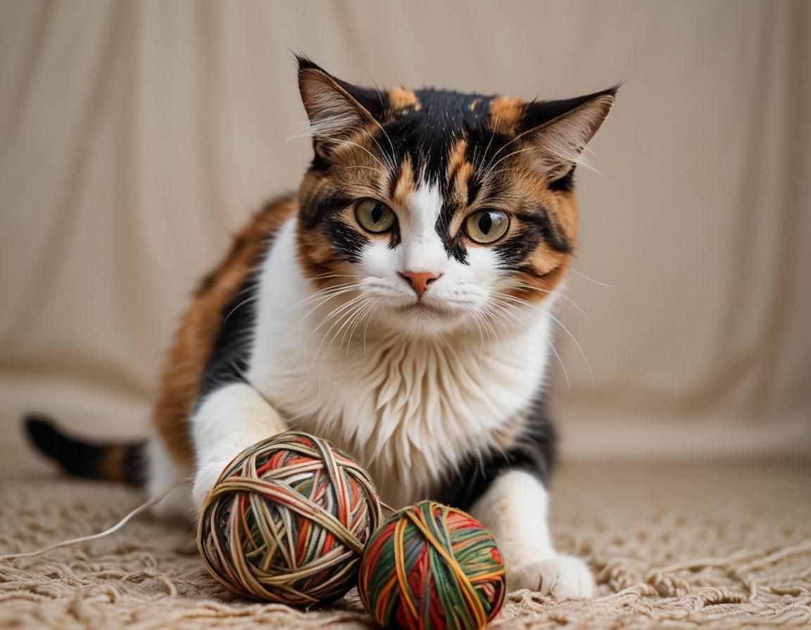 Calico Cat Portrait with Yarn, Soft Focus Photography